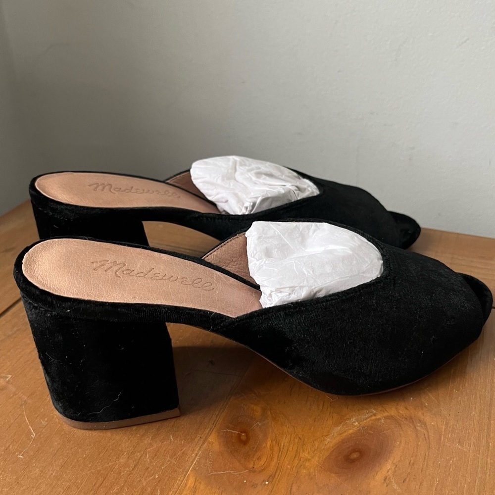 Madewell Women’s Beatriz Trendy Black Velvet Mules Open Toe Block Heel - Picture 6 of 12